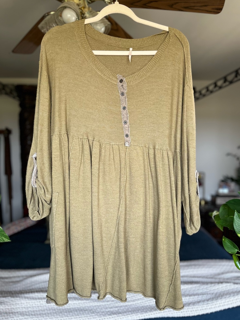 Free People Olive Green Henley Sweater Tunic Mini Dress